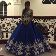 Арабский Дубай Королевский синий Бальные платья с открытыми плечами кружева аппликация цветы Длина до пола Fomral платье вечерние Халаты de soi