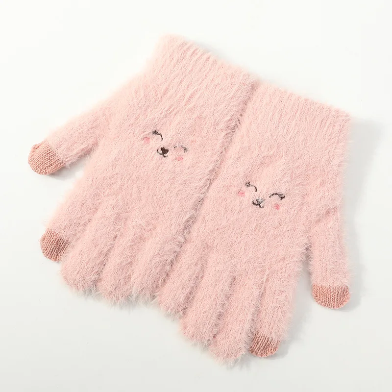 Вязаные плюшевые перчатки для девушек, зимние уличные ветрозащитные теплые перчатки с сенсорным экраном, игривые милые студенческие перчатки с вышивкой для бега