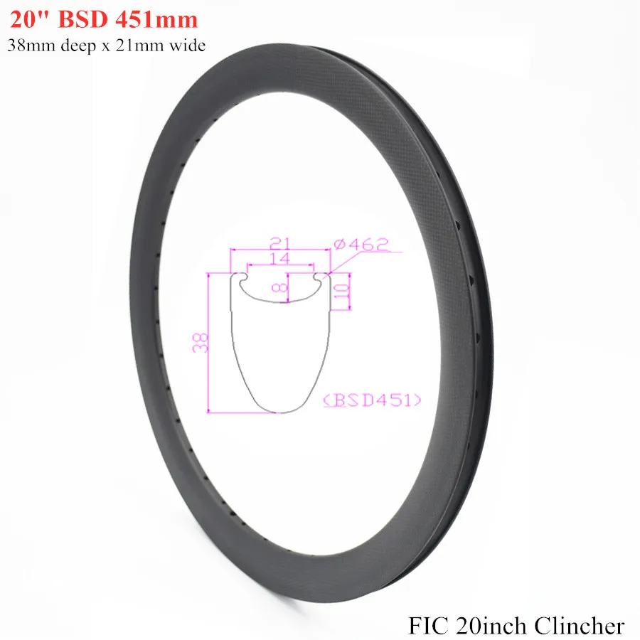 ФИК 3,8 20 дюймов 38 мм 50 мм обод для BMX 21 мм широкий карбоновый скоростной обод 3K UD 12K матовый глянцевый завод BSD 451 мм Скоба обода из углеродного сплава