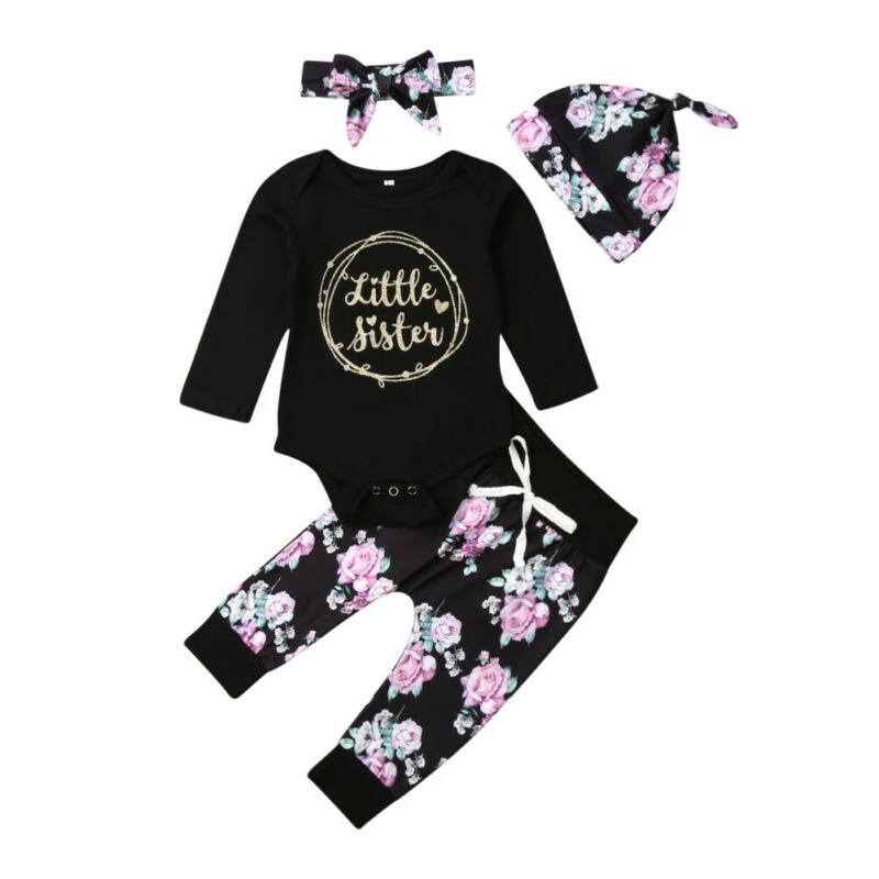 Baby Clothing Set Citgeett Black Newborn Baby Little Sister Girl Clothes Romper+Pants Print Leggings 4Pcs Autumn Fall Clothes Baby Clothing Set for boy