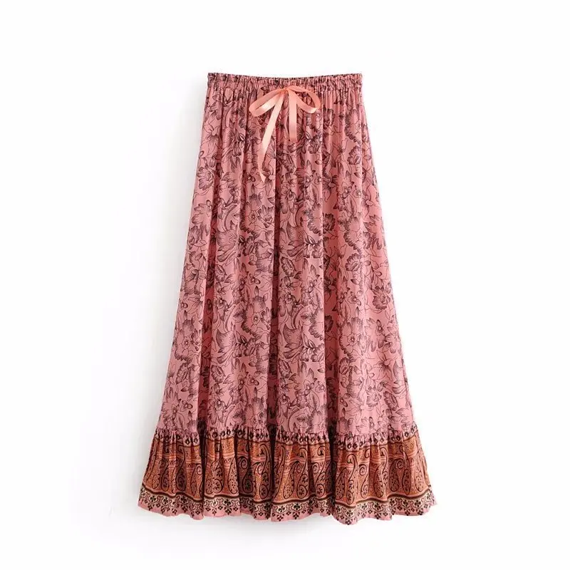

2018 Western Style Spring And Summer Women's Dress New Style Pink Positioning Printed Big Hemline Skirt