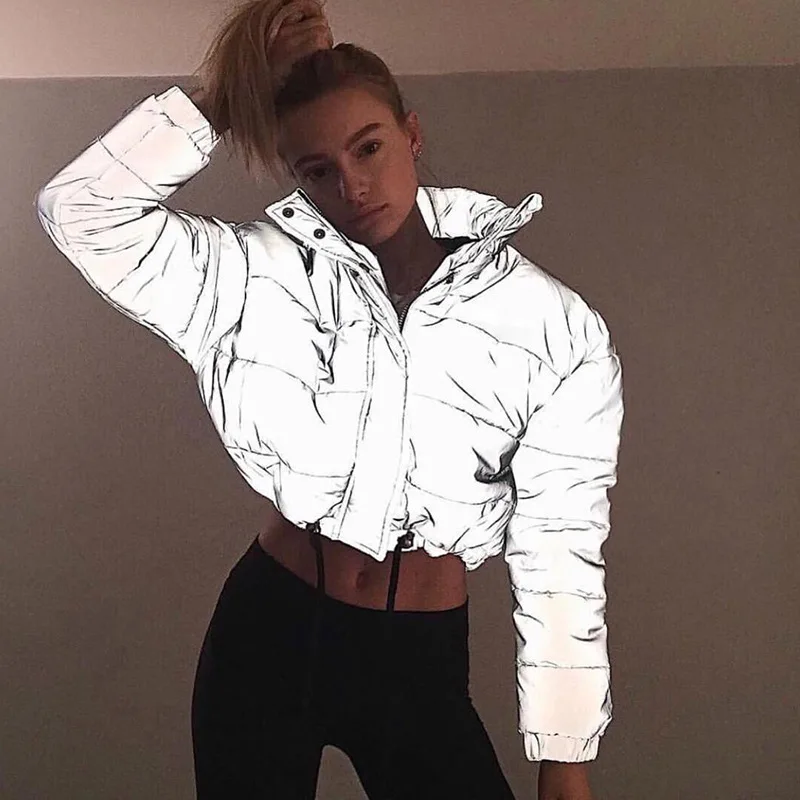 

2019 Trend Reflect Jacket Short Winter Jacket Women Thickening Warm Cotton Clothes Noctilucent Loose Coat Casual Windbreaker