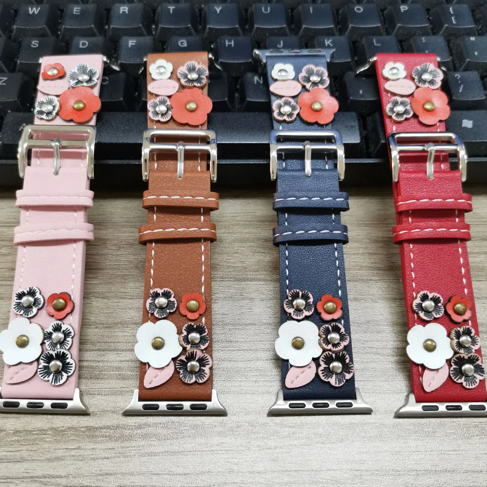 Новый дизайн кожаный ремешок с цветком для Apple Watch SE Band Series 6 5 4 3 браслет iWatch 40 мм 44 38
