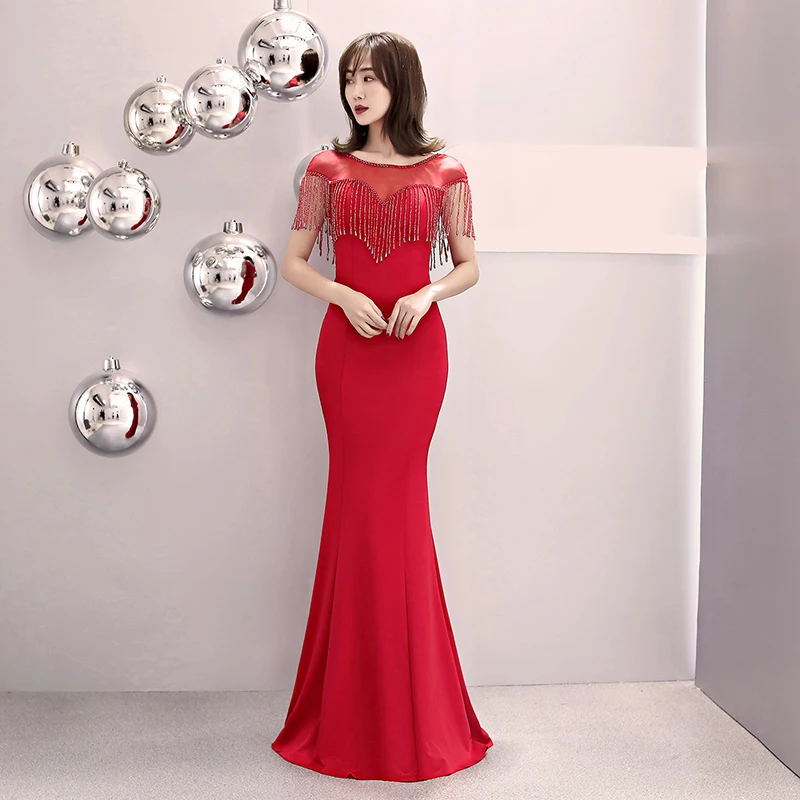 Elegant Crystal Mermaid Evening Dress Satin Long Party Dresses Women Evening Robe De Soir E Rouge Vestido Longo Dourado Festa