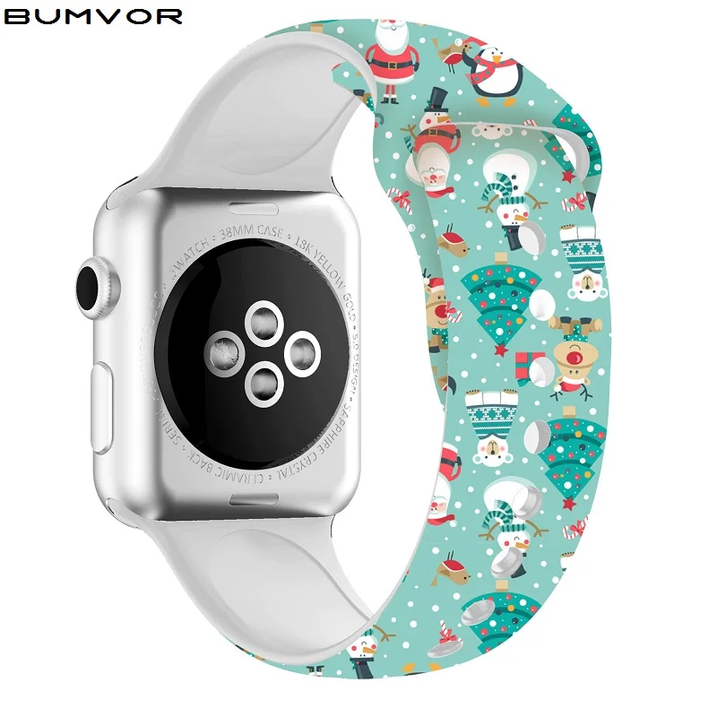 Силиконовый напечатанный спортивный ремешок для Apple Watch series 5 4 3 2 1 Рождественский Санта снеговик силиконовый ремешок для iWatch Рождественский подарок на запястье