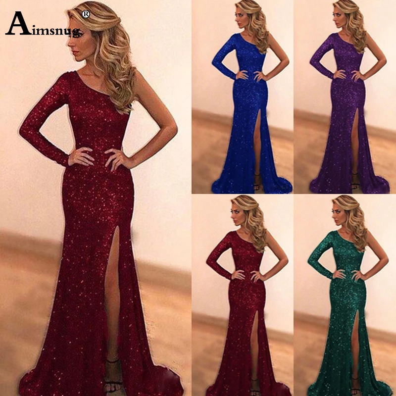 

Aimsnug Female The Dress Maxi Dress Sequin Evening Party Dress High Split One-Shoulder Banquet Night Dress Full Length Vestidos