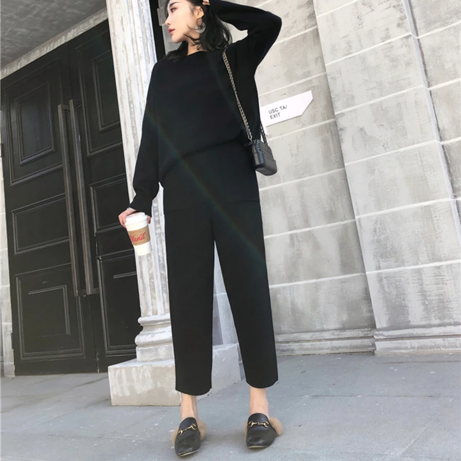 Autumn Winter Knitted Set Women Thick Warm O-Neck Loose Knit Suit Slim Pocket Harem Pants Oversized Casual Elegant Black Clothes