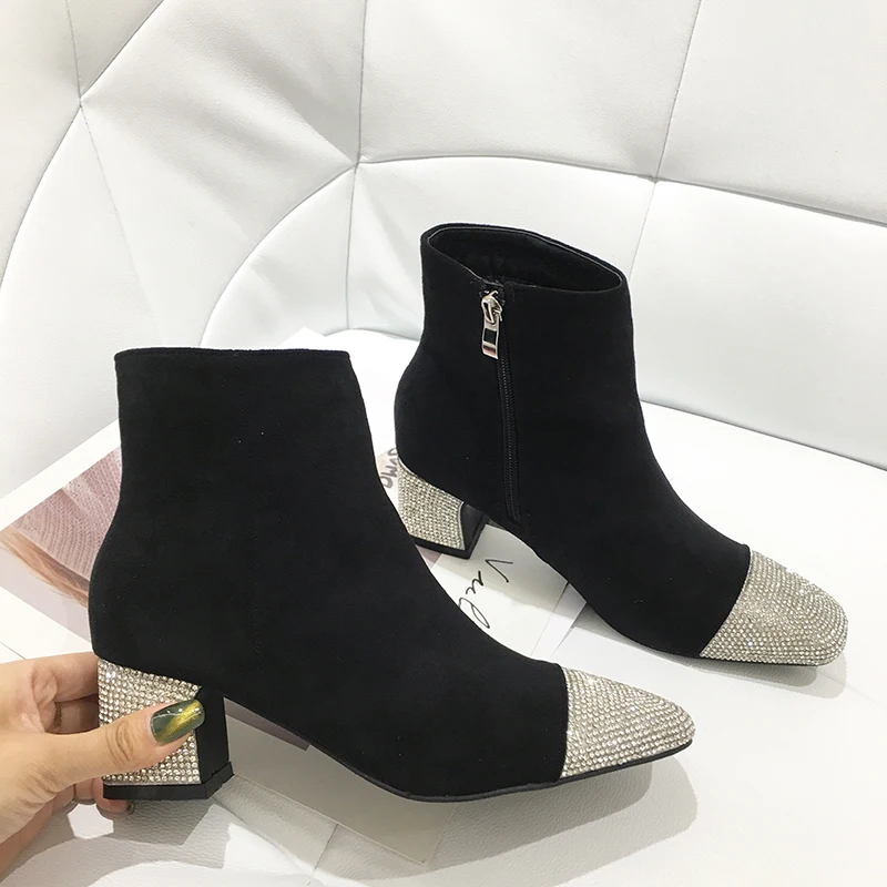 

Boussac Luxury Rhinestone Ankle Boots for Women Vintage Square Toe High Heel Boots Women Stretch Pu Sock Boots Women SWE0624