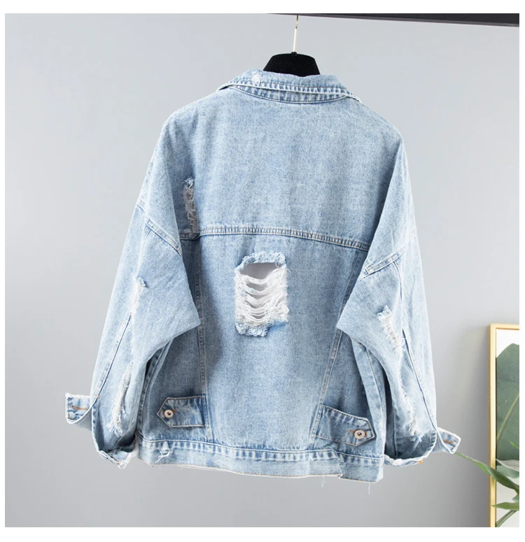 Осенняя ВИНТАЖНАЯ ДЖИНСОВАЯ КУРТКА с дырками Женская Базовая Chaqueta Mujer Свободная Повседневная однобортная джинсовая куртка с длинными рукавами пальто женское