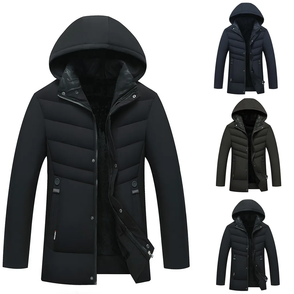 Утолщенная теплая Длинная зимняя куртка для мужчин с капюшоном Повседневная однотонная мужская одежда на пуговицах на молнии осеннее пальто с карманом
