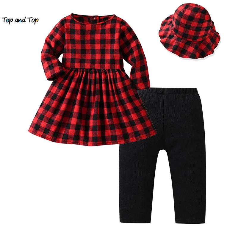 top and top Fashion Cute Baby Girls Casual Clothes Set Plaid Long Sleeve Dress Tops+Leggings Pants+Hat 3PCS Infant Girl Outfit Baby Clothing Set medium