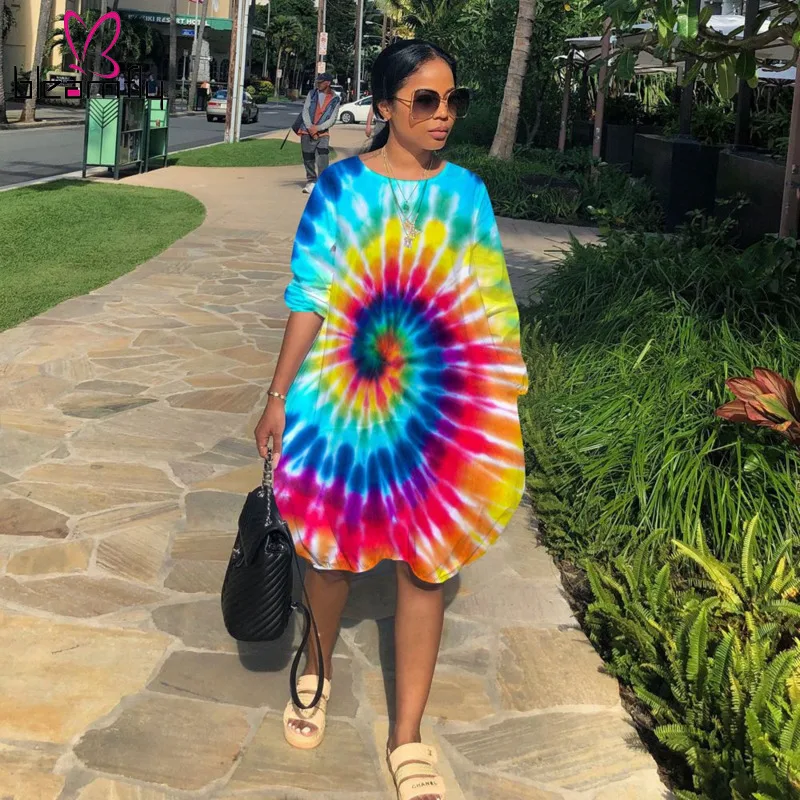 

Tie Dye Printed Plus Size Dress Women Fall Clothes Loose Vestidos Casual Oversized Dresses Long Sleeve T Shirt Dress With Pocket
