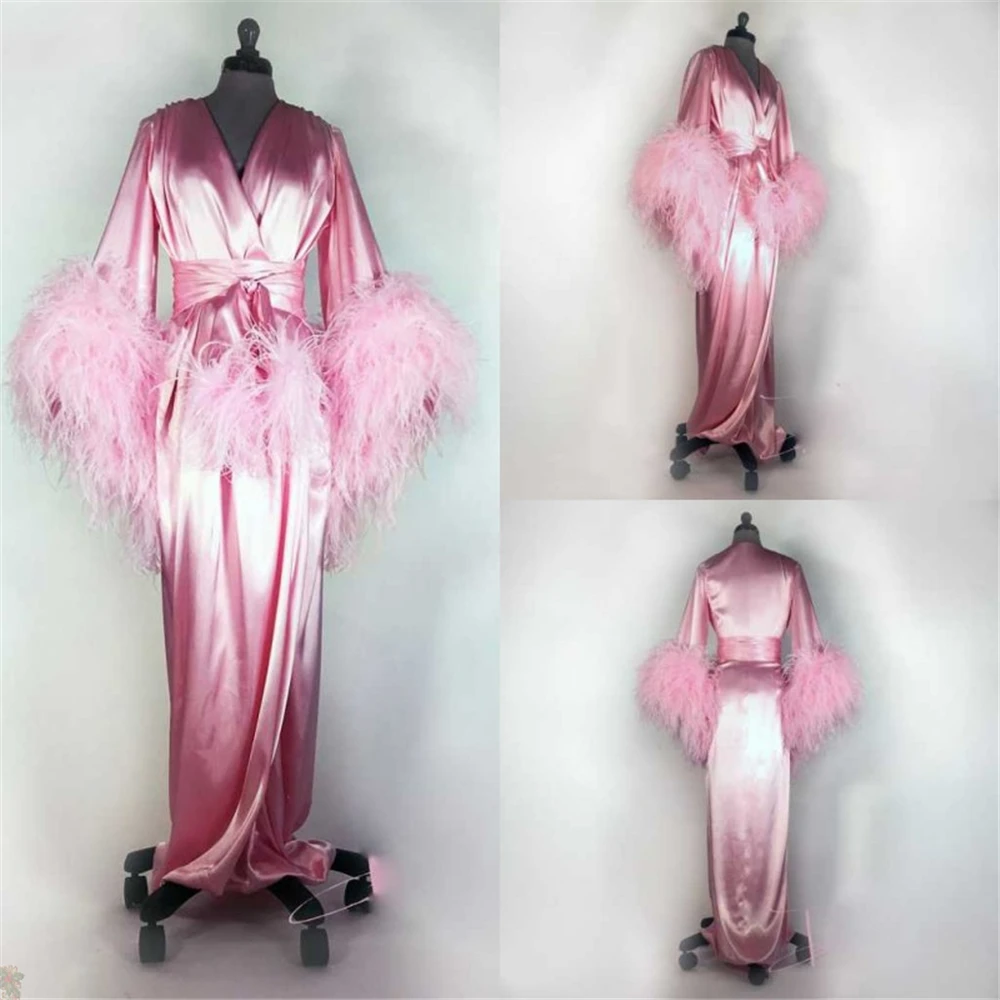 Women's Bathrobe Feather Full Length Pink Nightgown Pajamas Sleepwear Lingerie Women's Occasions Gowns Housecoat Nightwear Shawl