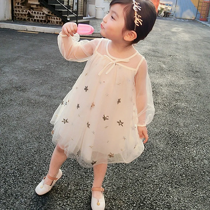 Новое Детское платье для девочек, Осенние милые платья для девочек, украшенные звездами, пышные сетчатые платья принцессы с длинными рукавами