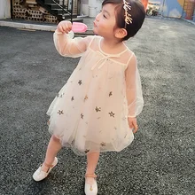 Новое Детское платье для девочек, Осенние милые платья для девочек, украшенные звездами, пышные сетчатые платья принцессы с длинными рукавами