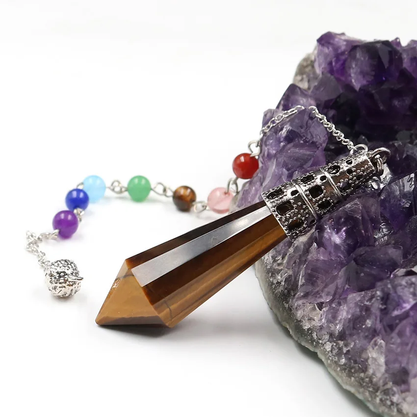Tiger Eye C Камень «reiki» с украшением в виде кристаллов подвеска Маятник Винтаж, античная бронза аметистами розовый кварц опал шестиугольная Призма амулетные подвески ювелирные изделия - Окраска металла: Tiger Eye C