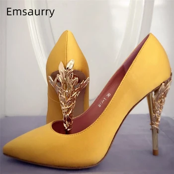 

Metal Leaf Decor High Heel Shoes Woman Sexy Pointed Toes Fretwork Heel Luxury Satin Slim Chic Spring 2020 Women Pumps