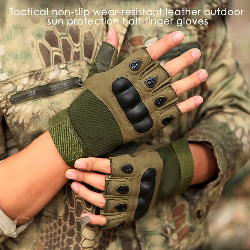 Mens Knuckle Fingerless Half Finger Black Leather Gel Palm Tactical Gloves 
