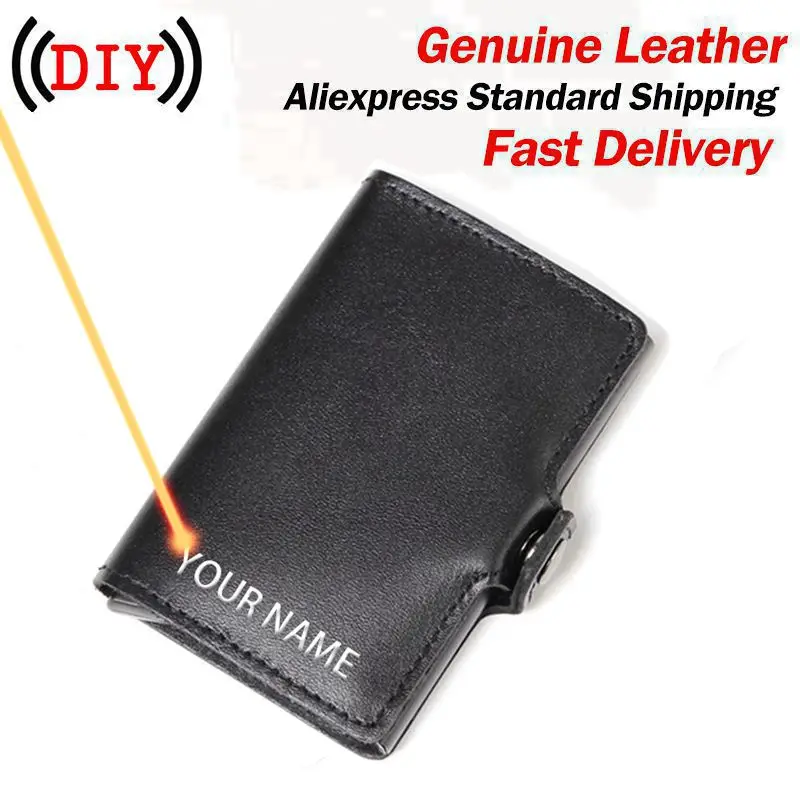 

Engraving Credit Card Holder RFID Blocking Men Wallet Automatic Hasp Genuine Leather Bank Card Wallets Business ID Card Holder