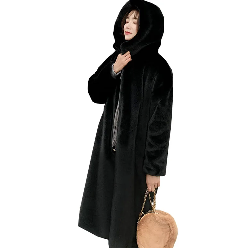

Winter New High-end Fashion Fur Coat Plush Fur Warm Leisure Jacket Female Imitation Mink Thick Long Hooded Large size Coat OK158