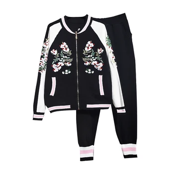 

2020 Autumn Tracksuits Women Set Fashion Embroidery Flowers Knitted Cardigan Sweater + Long Pants Women Two Piece Outfits Tide