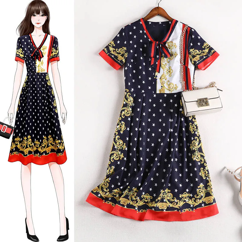 

Striped Floral Stars Print Women Party Dress V-neck 5XL Big Size Dress for Women Vintage Dress 2019