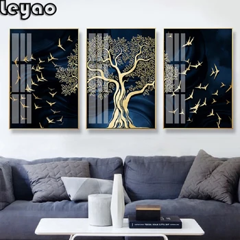 

3 Pieces Abstract Gold Tree Birds Full Square/Round Drill 5D Diamond Painting Triptych Embroidery Cross Stitch Home Decoration