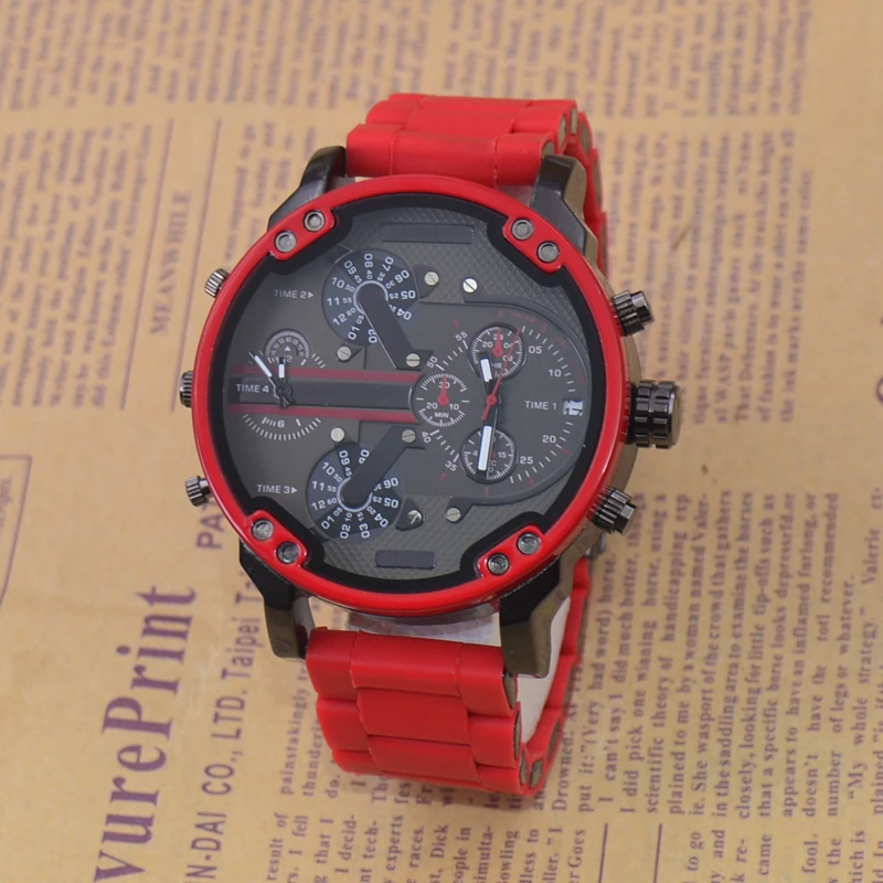 Мужские кварцевые часы движения красный силиконовый ремешок Автоматическая Дата Военные движения наручные часы для мужчин Dual Time Zone модный бренд - Цвет: GJ 7370