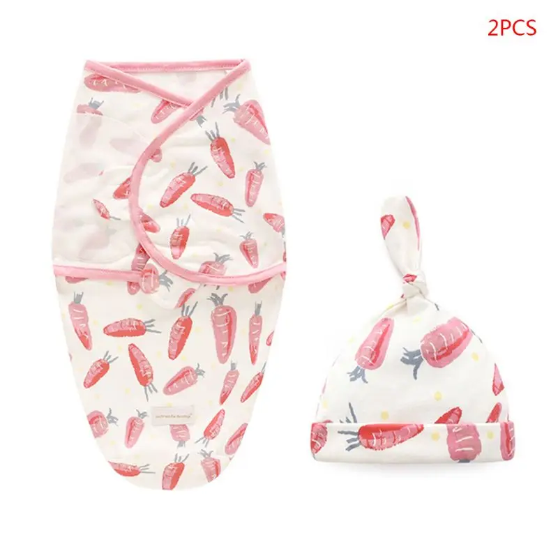 

2 Pcs/set Infants Baby Cotton Wrap Sleeping Bag Hat Set Newborn Cartoon Print Swaddle Cap Gifts K4UE
