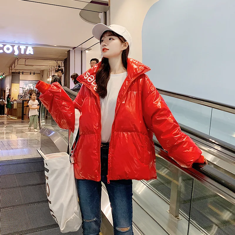 

Photo Shoot 2019 Winter down Jacket Women's College Style Bright Surface Cotton-padded Clothes Student Harajuku BF Short Network