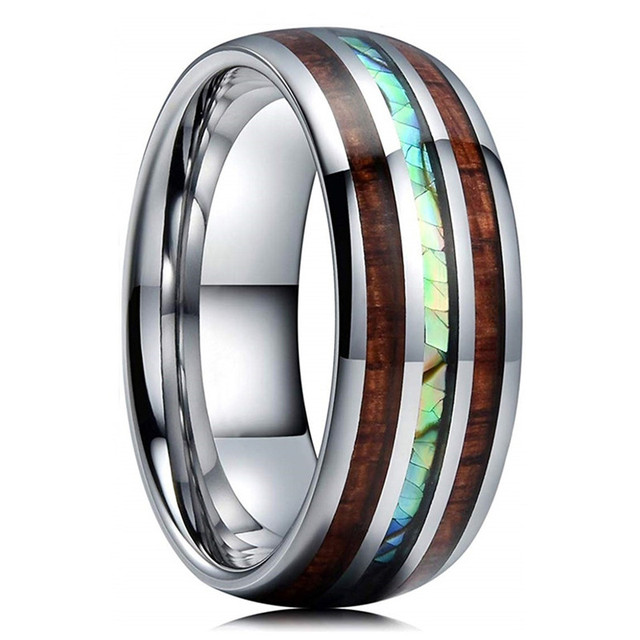 Styles Men Blue Grooved Black Stainless Steel Ring Koa Wood And Abalone Shell Inlay Arrow Red Meteorite Ring Men Wedding Band
