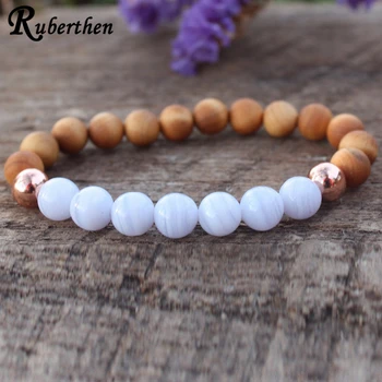 

Ruberthen New Design Blue Lace Agates Sandalwood Bracelet Tranquility Yoga Bracelet Anxiety Stress Relief Bracelet For Women
