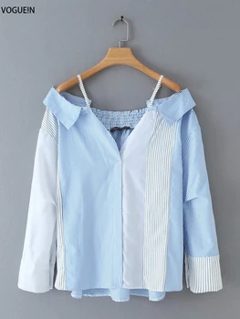 

VOGUEIN New Womens Casual Contract Colors Striped Print Long Sleeve Slip Blouse Top Shirt Wholesale