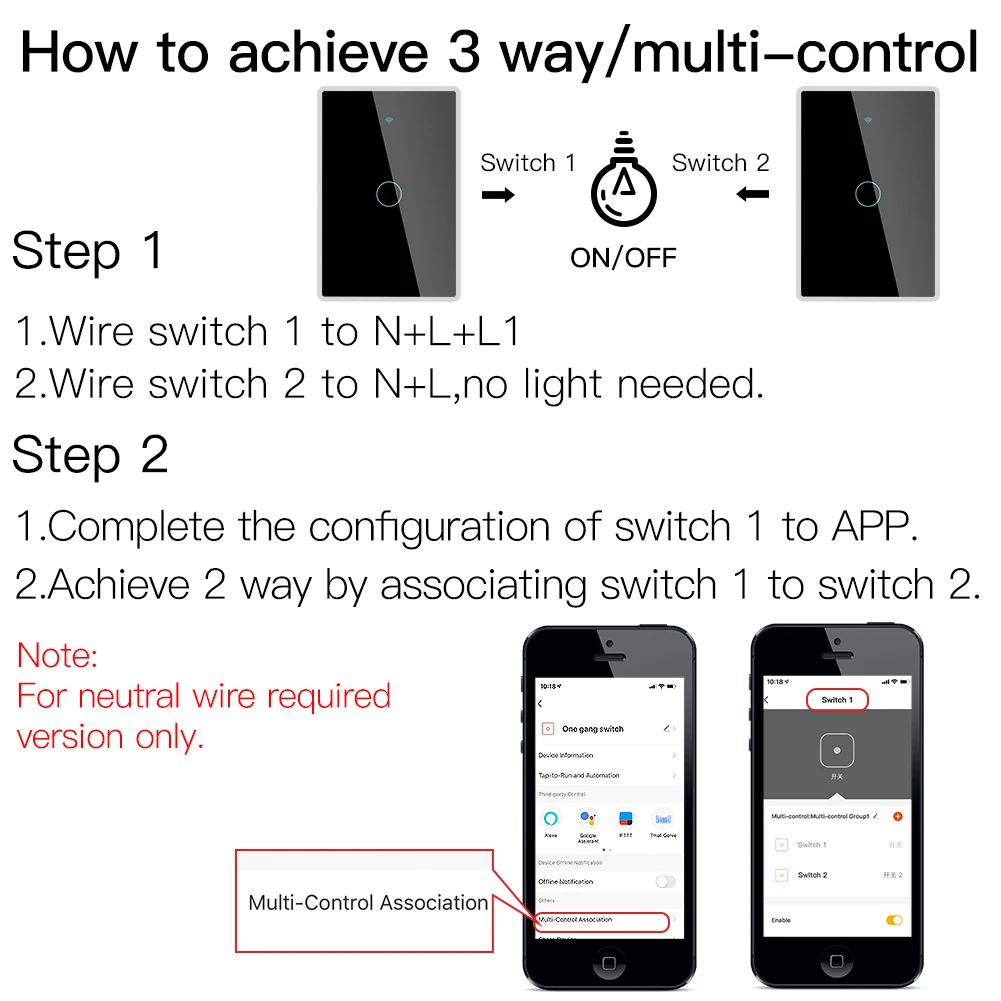 Description Picture 4 of itemTuya ZigBee Wall Touch Smart Light Switch With Neutral/No Neutral,No Capacitor Smart Life/Tuya Works with Alexa,Google 2/3 Way