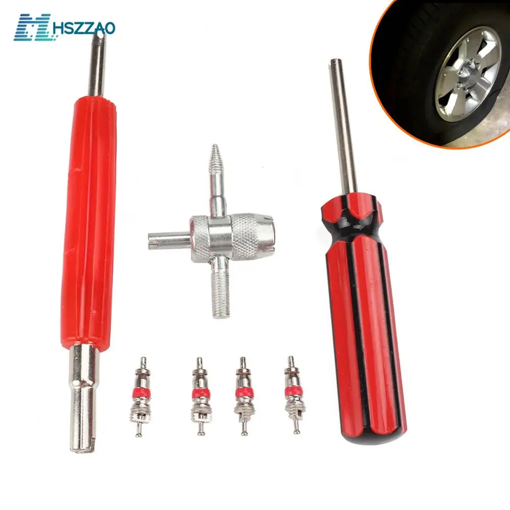 

Tire Valve Repair Tool Set, Dual Single Head Valve Core Remover Tools & 4-Way Valve Tool & 4 Brass Valve Cores All Vehicle