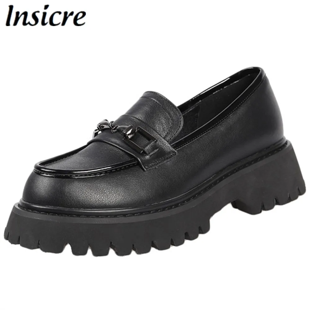 

Insicre 2020 Spring Genuine Leather Women Pumps Platform Cow Leather Thick Heels 4 cm Real Leather Horsebit Knot Casual Shoes