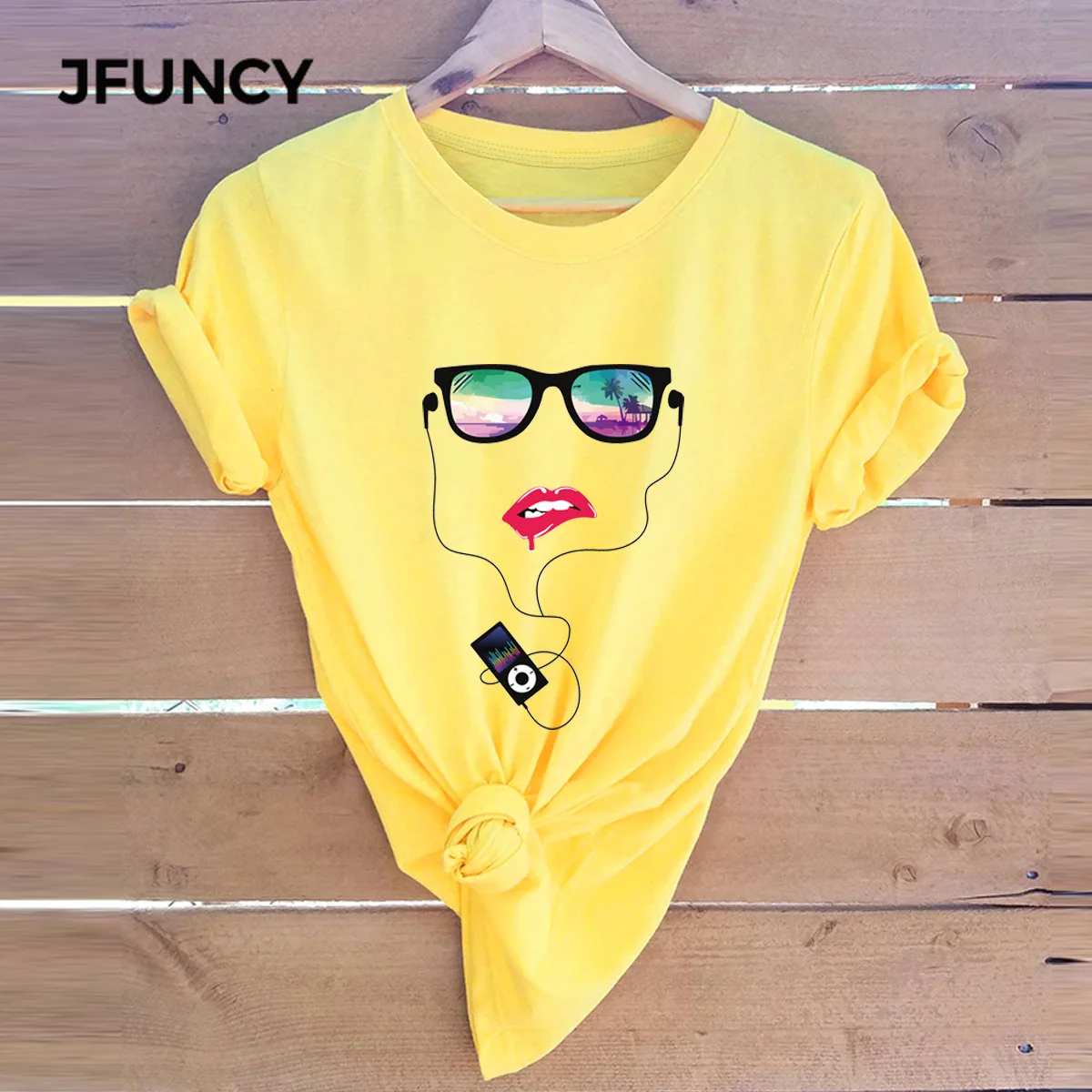 

JFUNCY Oversize Summer Women T-shirt 100% Cotton Short Sleeve Female Shirts Abstract Human Face Printed Woman Tshirt Lady Tops