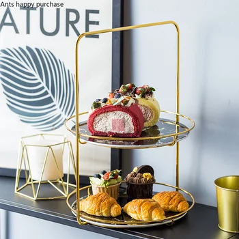 

European Ceramic Double Cake Pan Marble Exhibition Hall Banquet Household Fruit Snack Plate Jewelry Display Stand Golden Rim