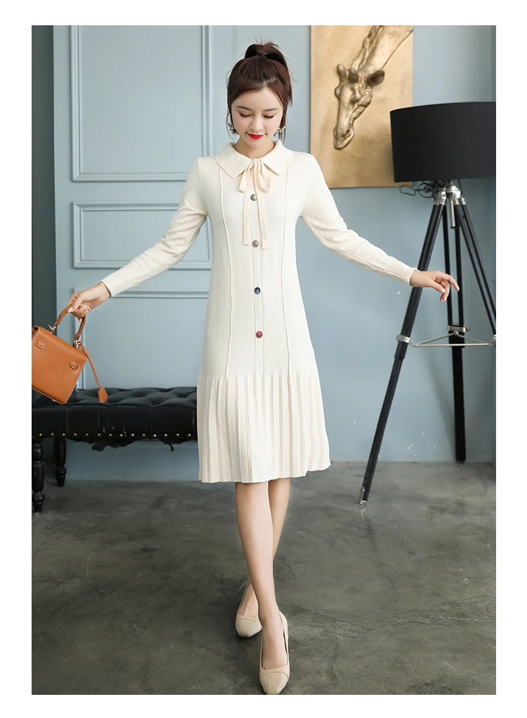 Bowknot Women Knit Dress Turn Down Pleated Hem Midi Knit Dress Korean Sweet Elegant Slimming Autumn Winter Women Dress - Цвет: Beige