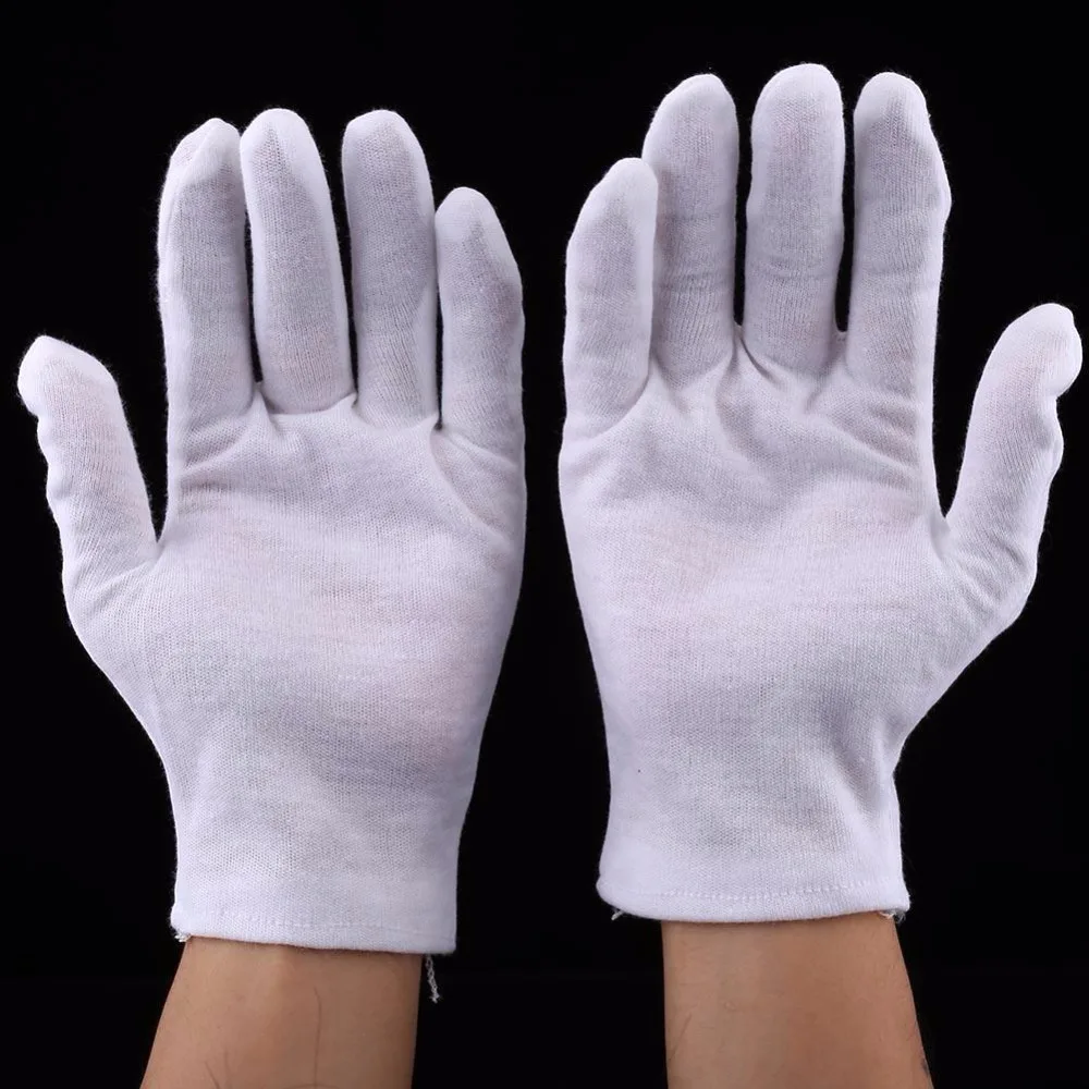 12 пар, практичные белые хлопковые рабочие защитные перчатки для монет, ювелирных изделий, серебряная инспекционная защита, чистый хлопок, рабочие перчатки