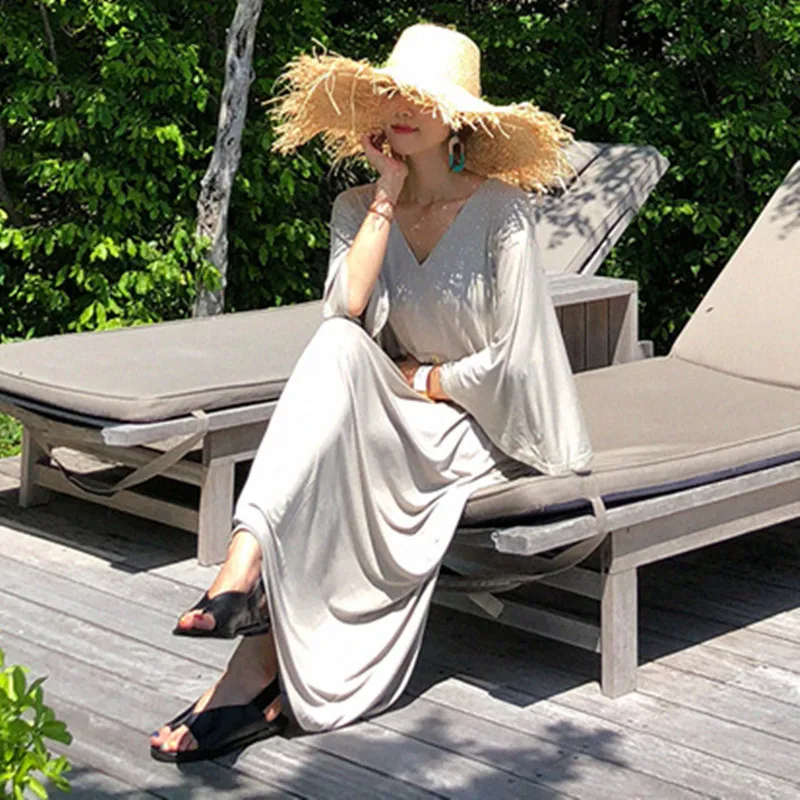 

Loose And Plus-sized Dress Grow to Barefoot Korean-style Lace-up Bat Sleeve GIRL'S Dress V-neck Modal Cotton T-shirt Long Skirts