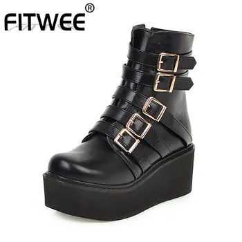 

FITWEE Gothic Ankle Boots Women Plus Size 33-46 Metal Buckle Chunky Heels Platform Shoes Women Winter Zipper Wedges Punk Boots