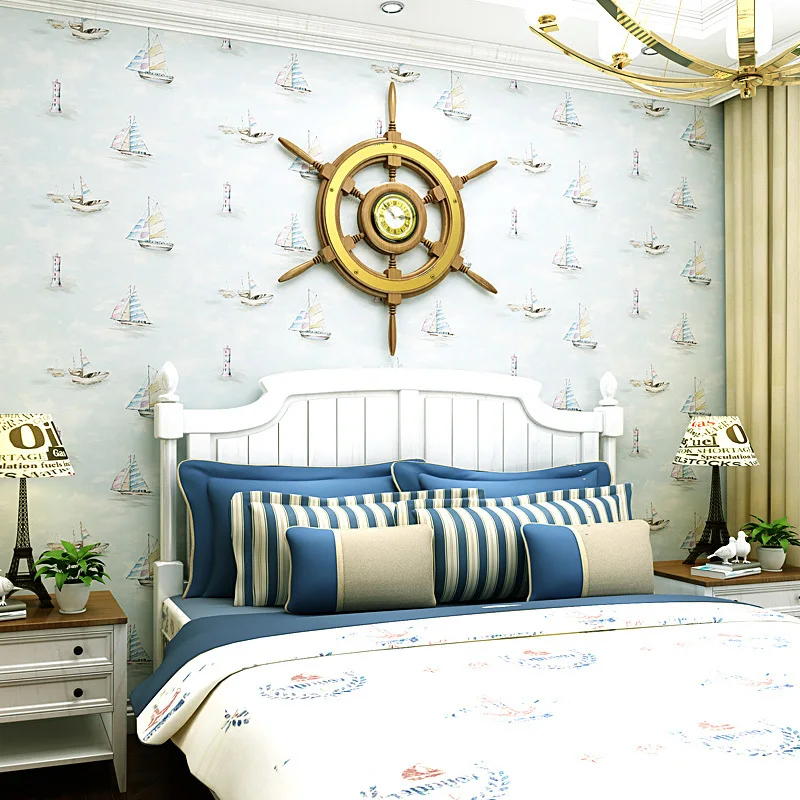 Style Mediterranean Cartoon Voyage Wallpaper For Baby Boy's Bedroom Walls Sailing Boat Wall Paper For Children Room Walls