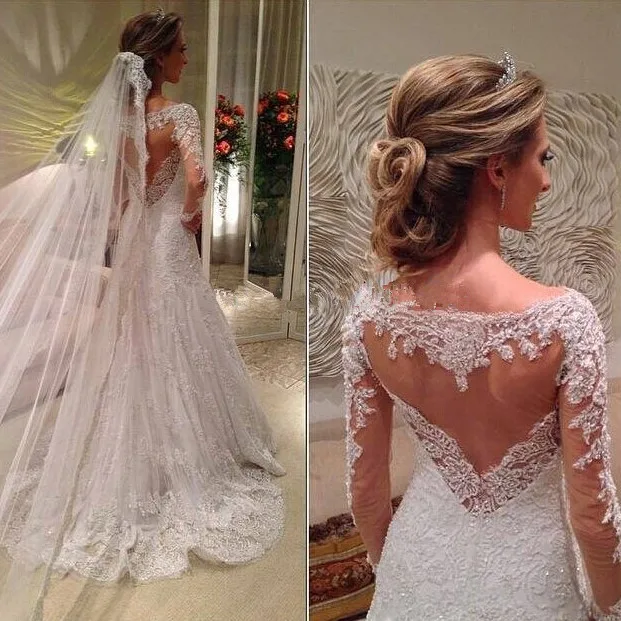 Vestidos De Noiva новые винтажные Свадебные платья с глубоким вырезом и аппликацией сзади, а-силуэт, кружевные платья с длинными рукавами для матери невесты