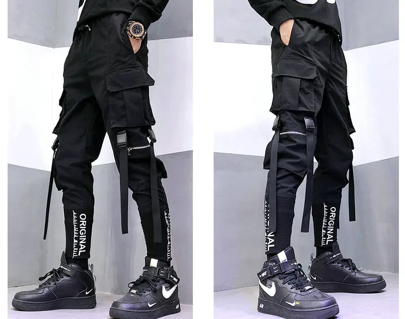 tan pants Hip Hop Men Ribbons Cargo Pants Fashion Harajuku 2022 New Elastic Waist Casual Streetwear Mens Joggers Trousers Black business casual pants men