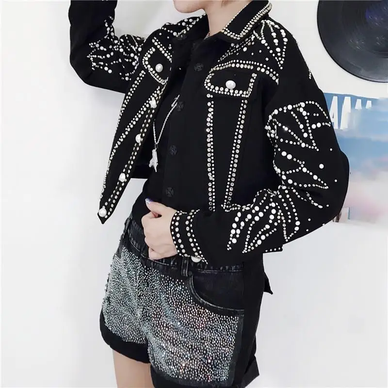 

Punk Style Loose Denim Jacket Womens Long Sleeve Single Breasted Pearls Diamonds Coat Autumn Streetwear Jean Jacket