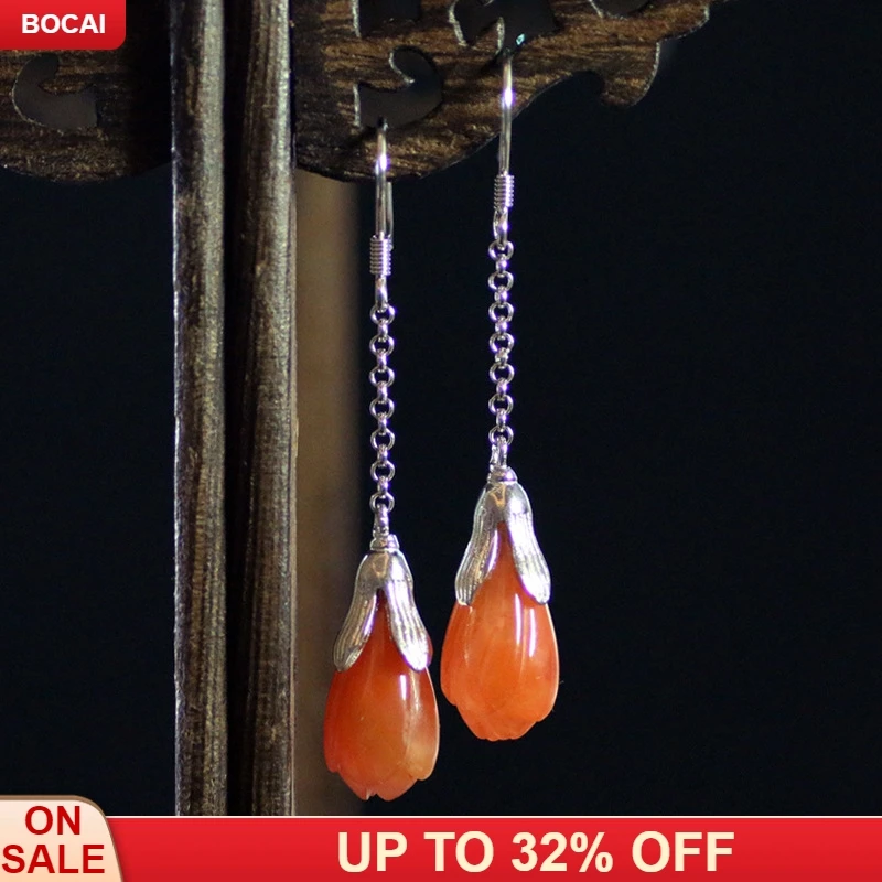 

S925 silver natural line south red magnolia flower earrings ears earrings national wind elegant temperament