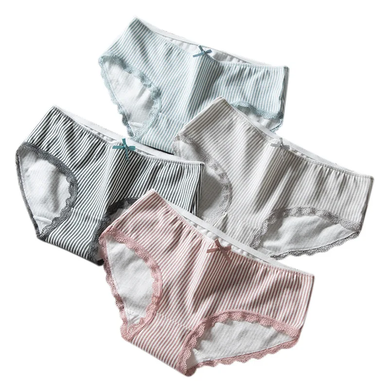 

4PCS Fashion Women Cotton Panties Female Striped Bow Briefs for Girls Cute Breathable Underwear Sexy Lace Mid Waist Lingeries