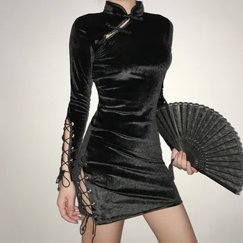 

Improved cheongsam skirt women 2020 autumn hot sale chinese style velvet retro disc buckle strap cheongsam dress women