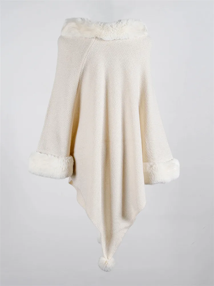 Luxury Brand Faux Fur Womens Poncho Wrap O-neck Fur Collar Female Shawl Solid Knit Scarves for Women Loose Batwing Sleeve Capes